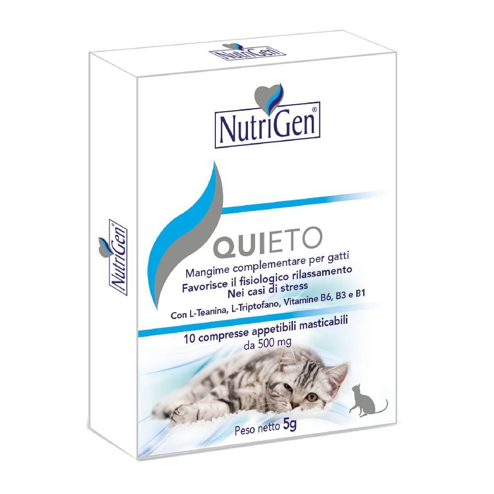 Scatola bianca con logo "Quieto" e "NutriGen". Contiene 10 compresse per gatti. Immagine di un gatto.