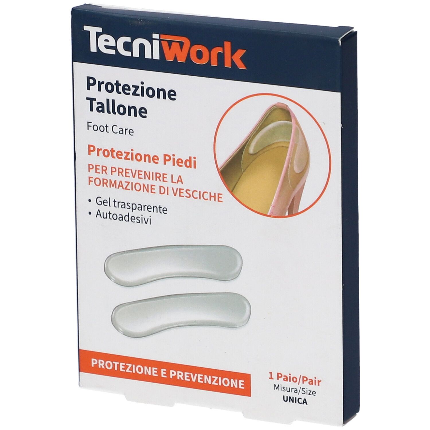 Confezione con due protezioni per tallone in gel trasparente. Scritta: TecniWork, Protezione Tallone, Foot Care.