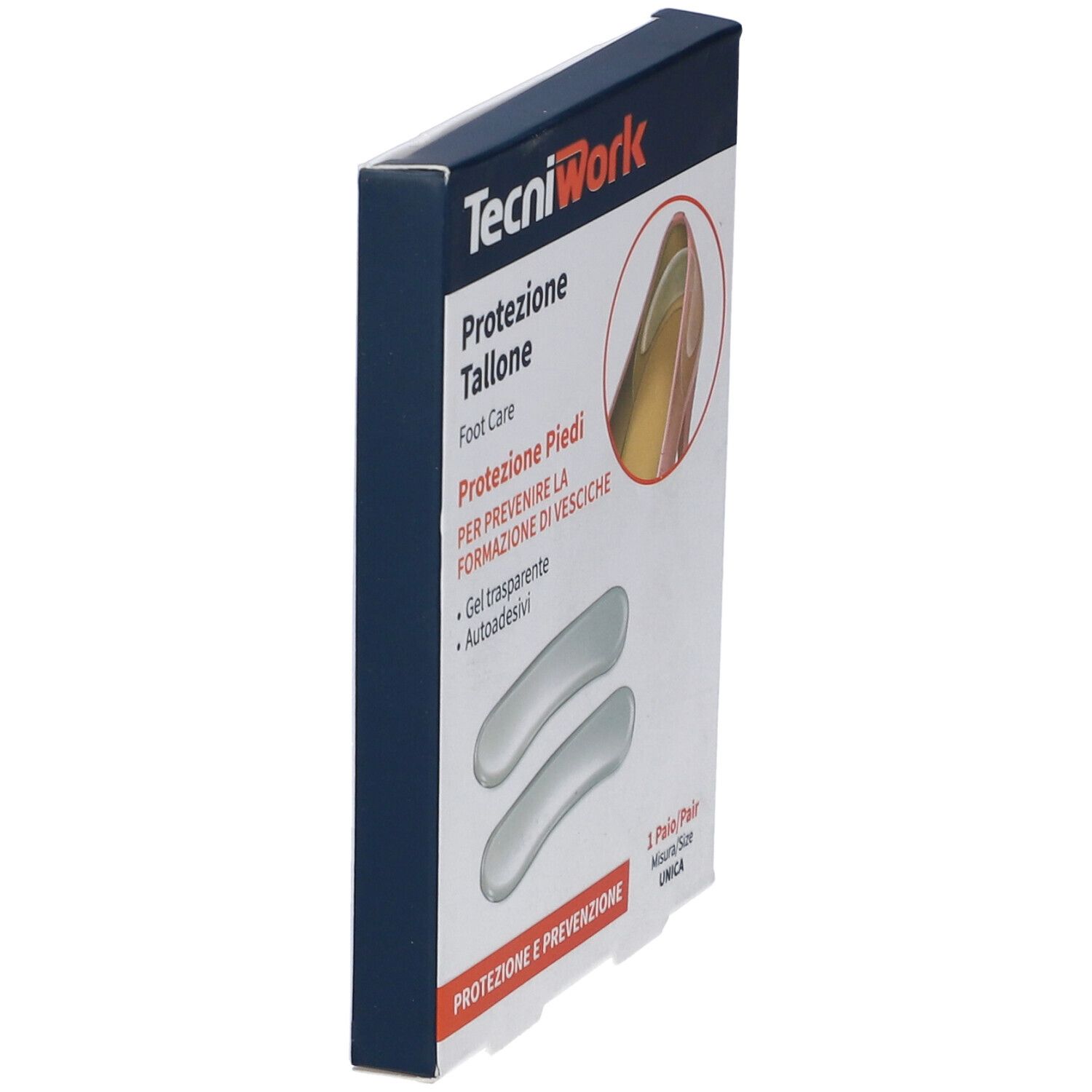 Vista angolata della confezione con due protezioni per tallone in gel trasparente. Scritta: TecniWork, Protezione Tallone.
