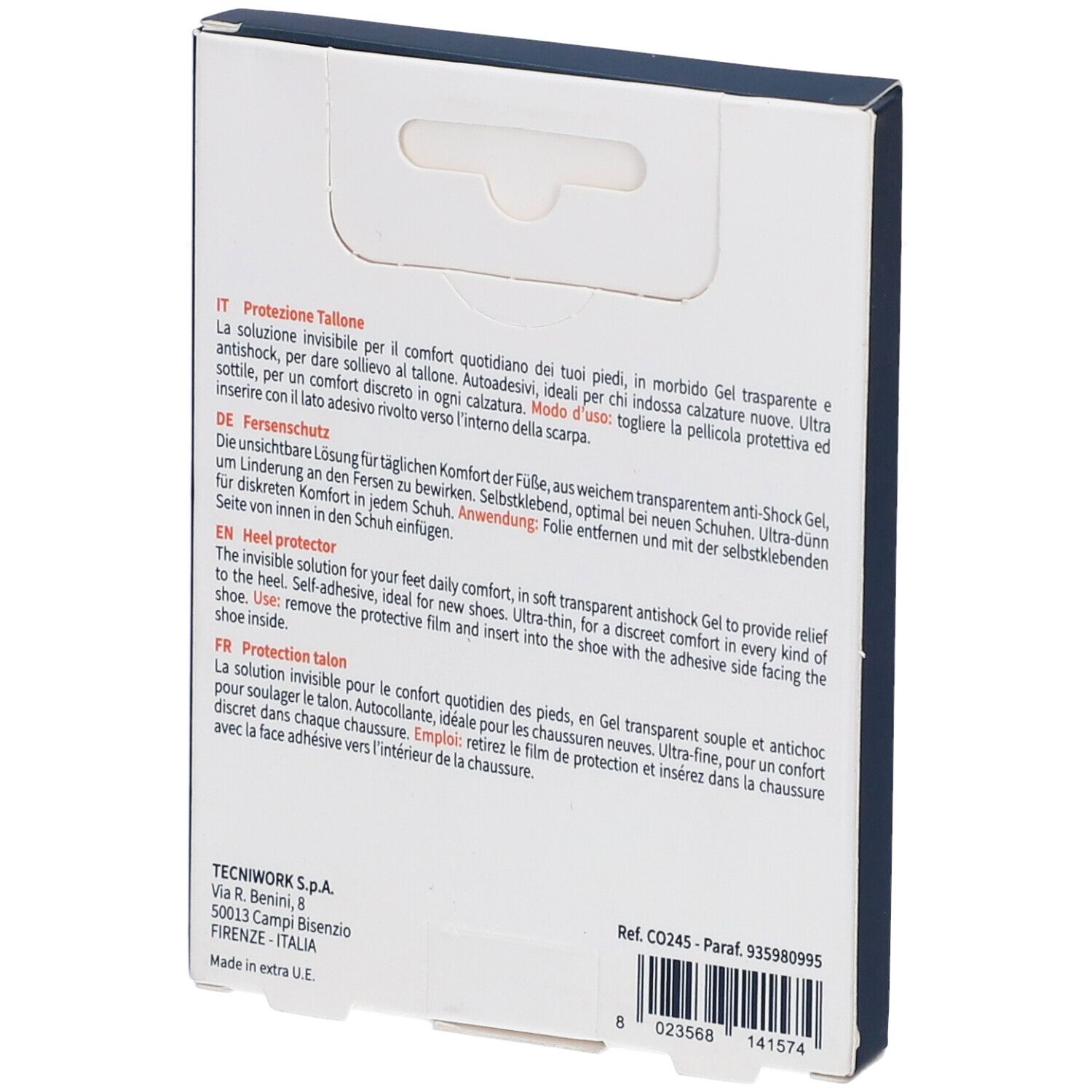Retro della confezione con testo multilingue. Contiene informazioni sul prodotto e sul produttore.