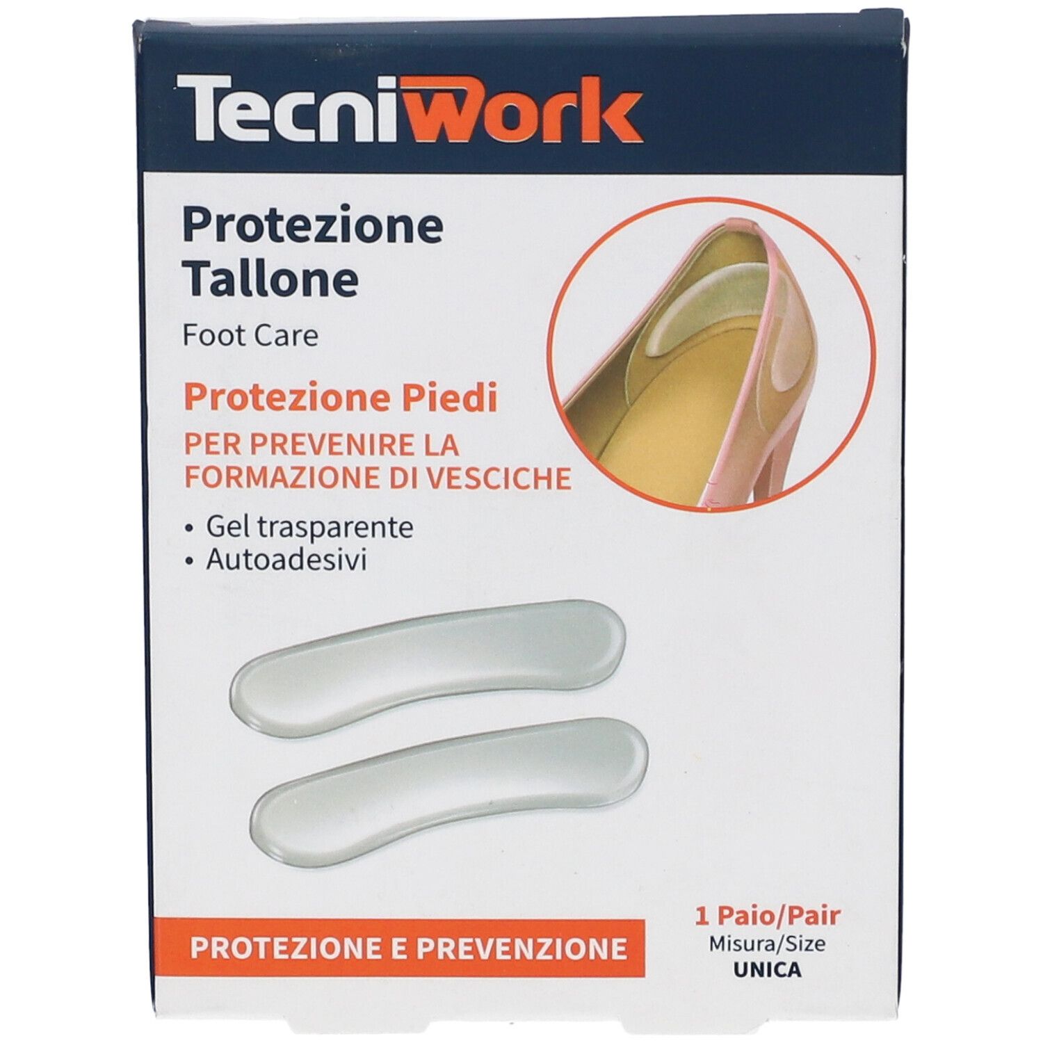 Confezione con due protezioni per tallone in gel trasparente. Scritta: TecniWork, Protezione Tallone, Foot Care.