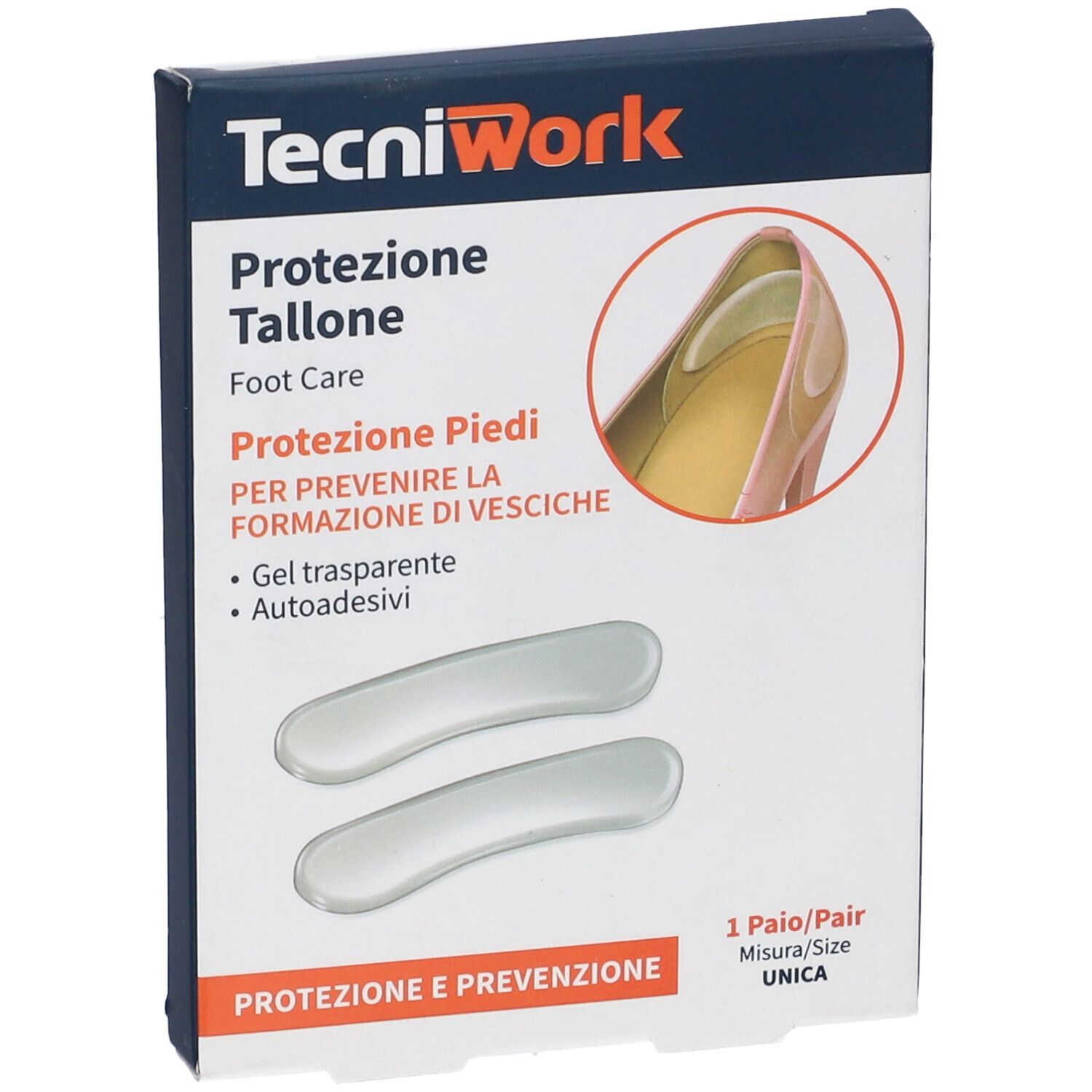 Confezione con due protezioni per tallone in gel trasparente. Scritta: TecniWork, Protezione Tallone, Foot Care.