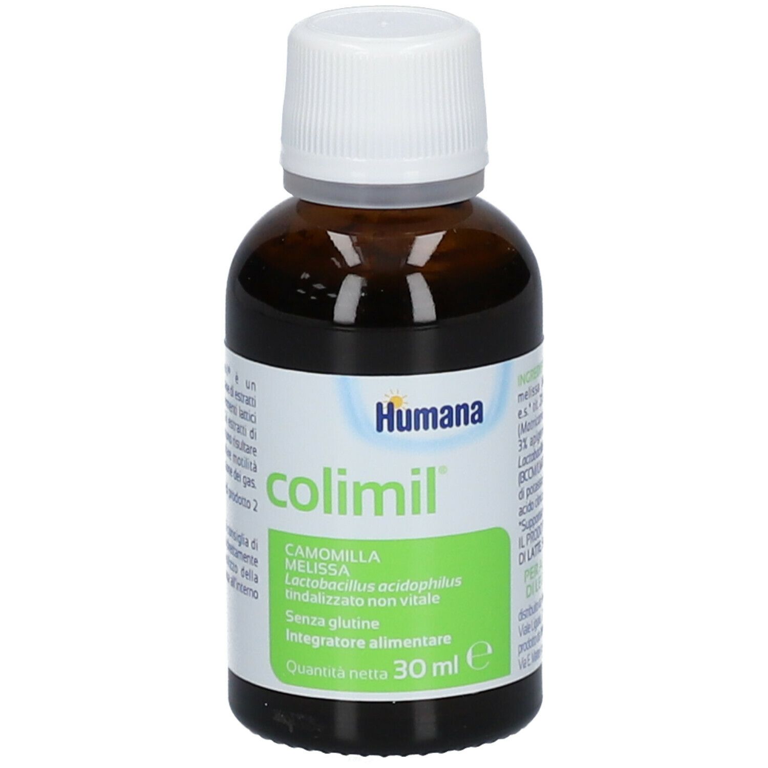 Braune Flasche Colimil® von Humana. Mit weißem Schraubverschluss. Enthält Camomilla, Melissa, Lactobacillus acidophilus.