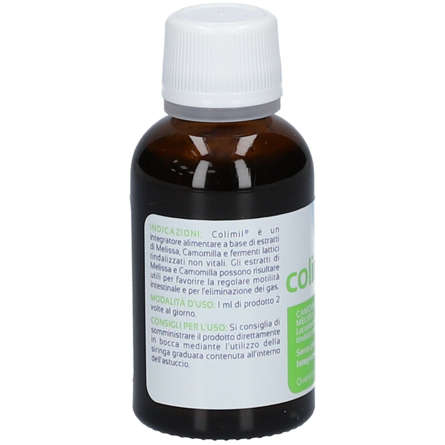 Rückseite der Colimil®-Flasche. Enthält Informationen zu Inhaltsstoffen, Anwendung und Haltbarkeit. Mit weißem Verschluss.