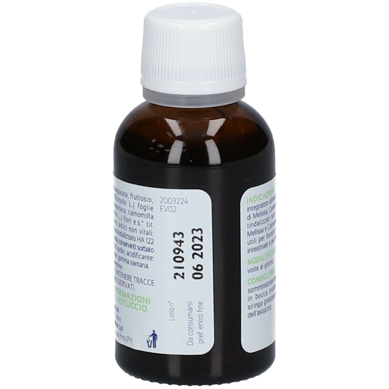 Rückseite der Colimil®-Flasche. Informationen zu Inhaltsstoffen, Anwendung und Haltbarkeit. Mit weißem Verschluss.