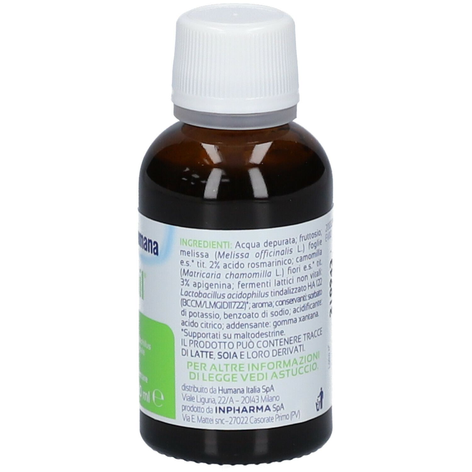 Colimil®-Flasche mit weißem Verschluss. Enthält Inhaltsstoffinformationen. Humana-Logo sichtbar.
