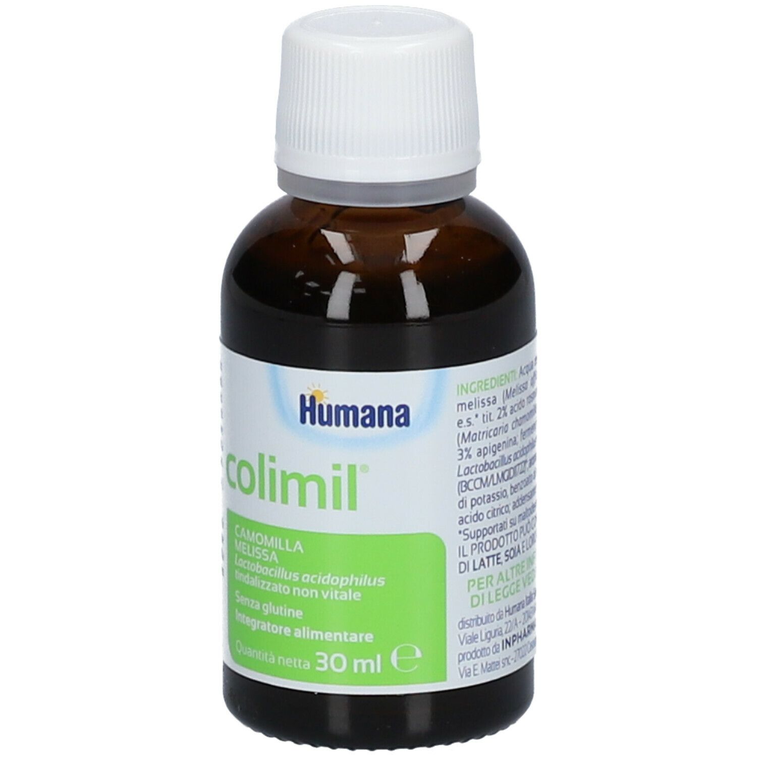 Colimil®-Flasche mit weißem Verschluss. Enthält Inhaltsstoffinformationen. Humana-Logo sichtbar.