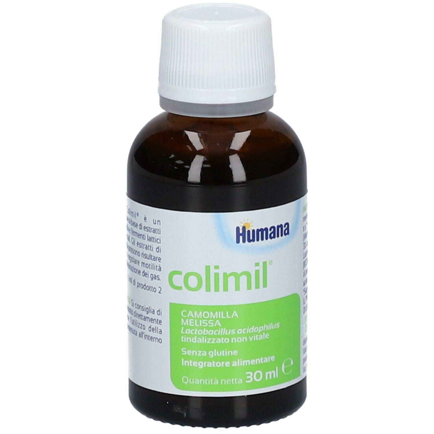 Colimil®-Flasche mit weißem Verschluss. Enthält Inhaltsstoffinformationen. Humana-Logo sichtbar.