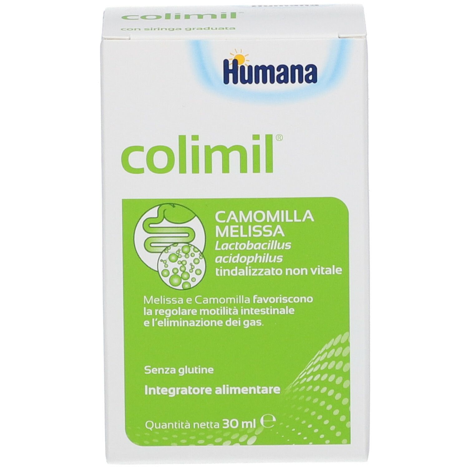 Humana Colimil®-Verpackung. Enthält Camomilla, Melissa, Lactobacillus acidophilus. Glutenfrei. Nahrungsergänzungsmittel.