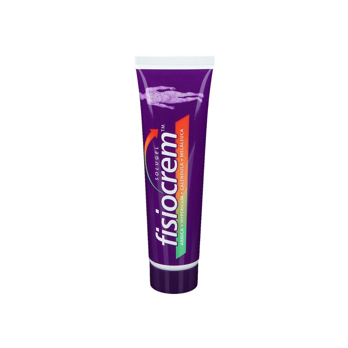 Tube violet avec bouchon blanc. Inscription : Fisiocrem Solugel. Ingrédients : Arnica, Hypericum, Calendula, Melaleuca.