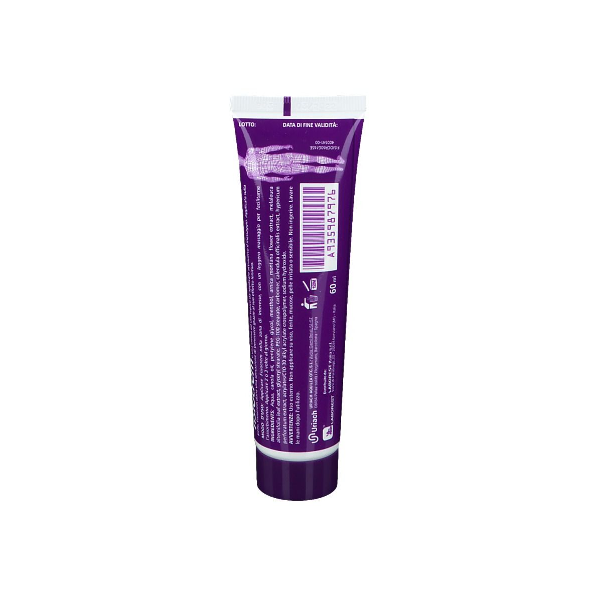 Dos du tube violet. Texte et code-barres. Inscription : 60 ml. Informations sur les ingrédients et le fabricant.
