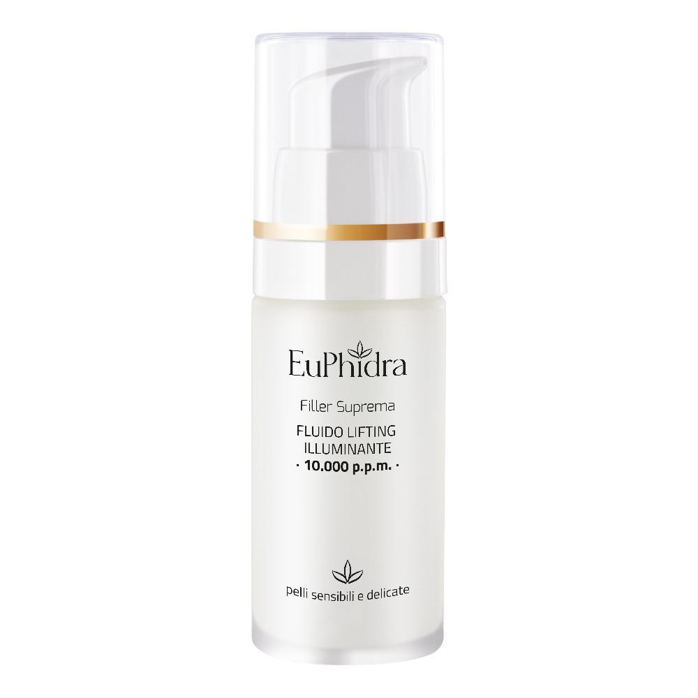 Flacone bianco con dosatore. Scritta Euphidra, Filler Suprema, Fluido Lifting Illuminante. Tappo trasparente.