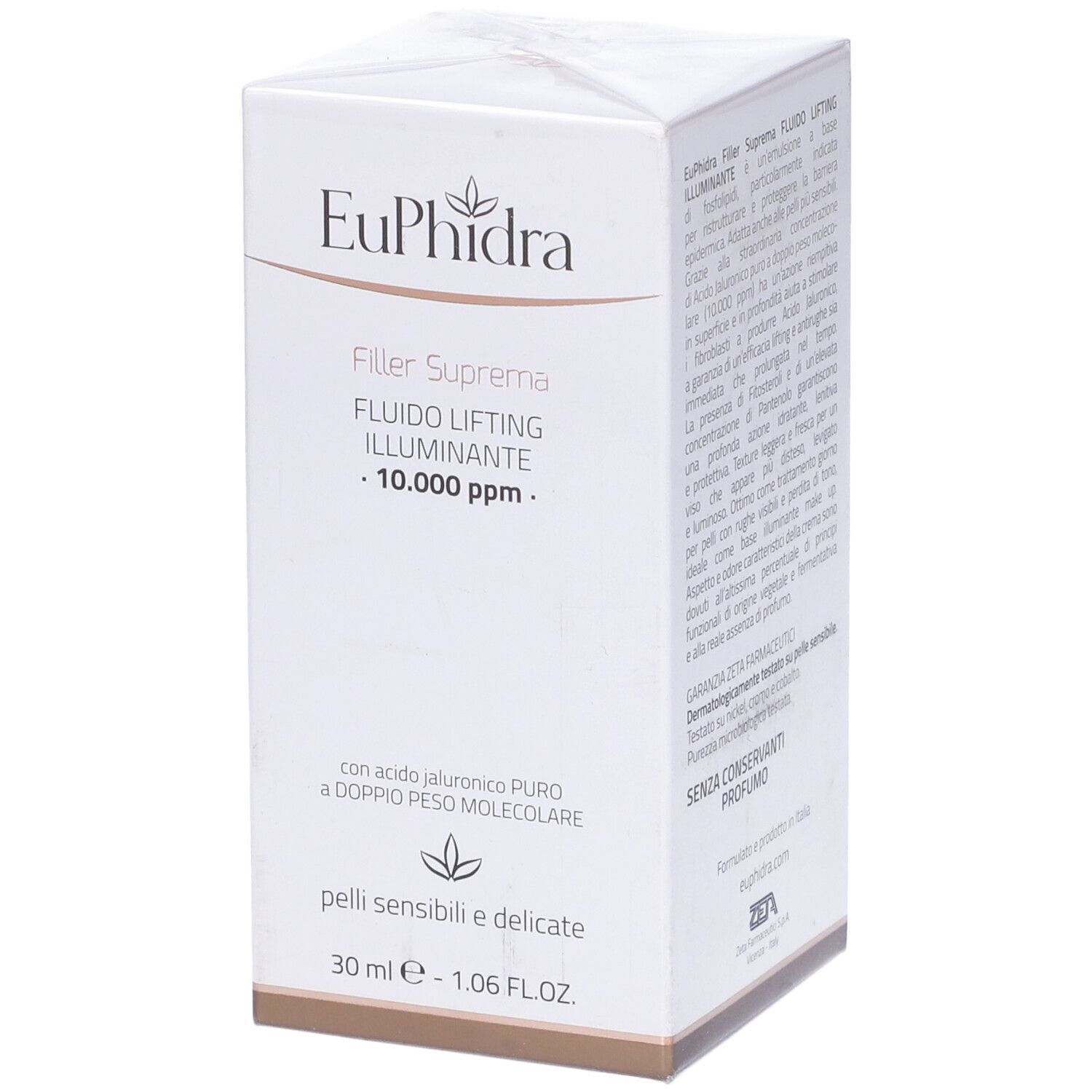 Scatola bianca con scritta Euphidra, Filler Suprema, Fluido Lifting Illuminante. Testo e logo.