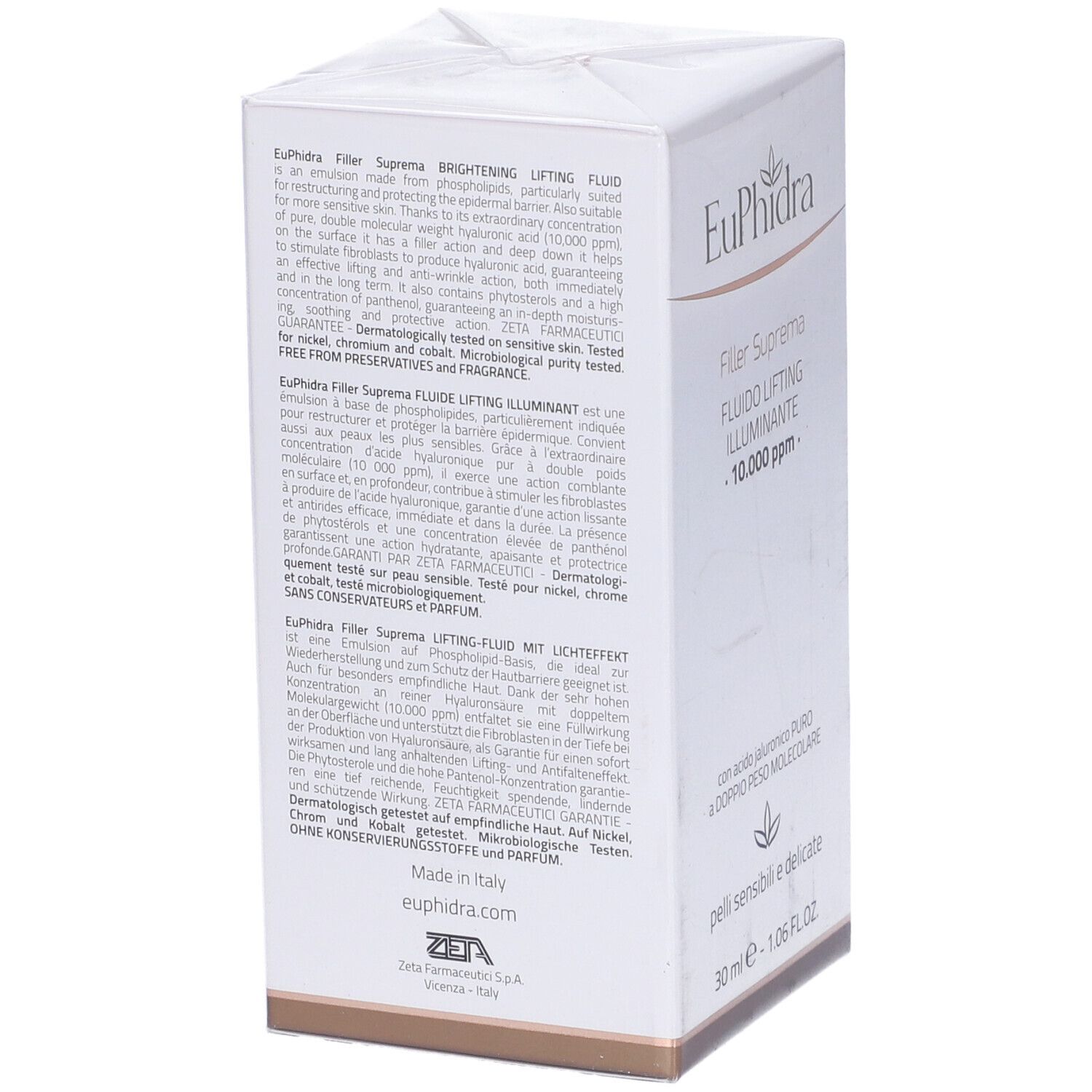 Scatola bianca con testo. Scritta Euphidra, Filler Suprema, Fluido Lifting Illuminante. Testo e logo.