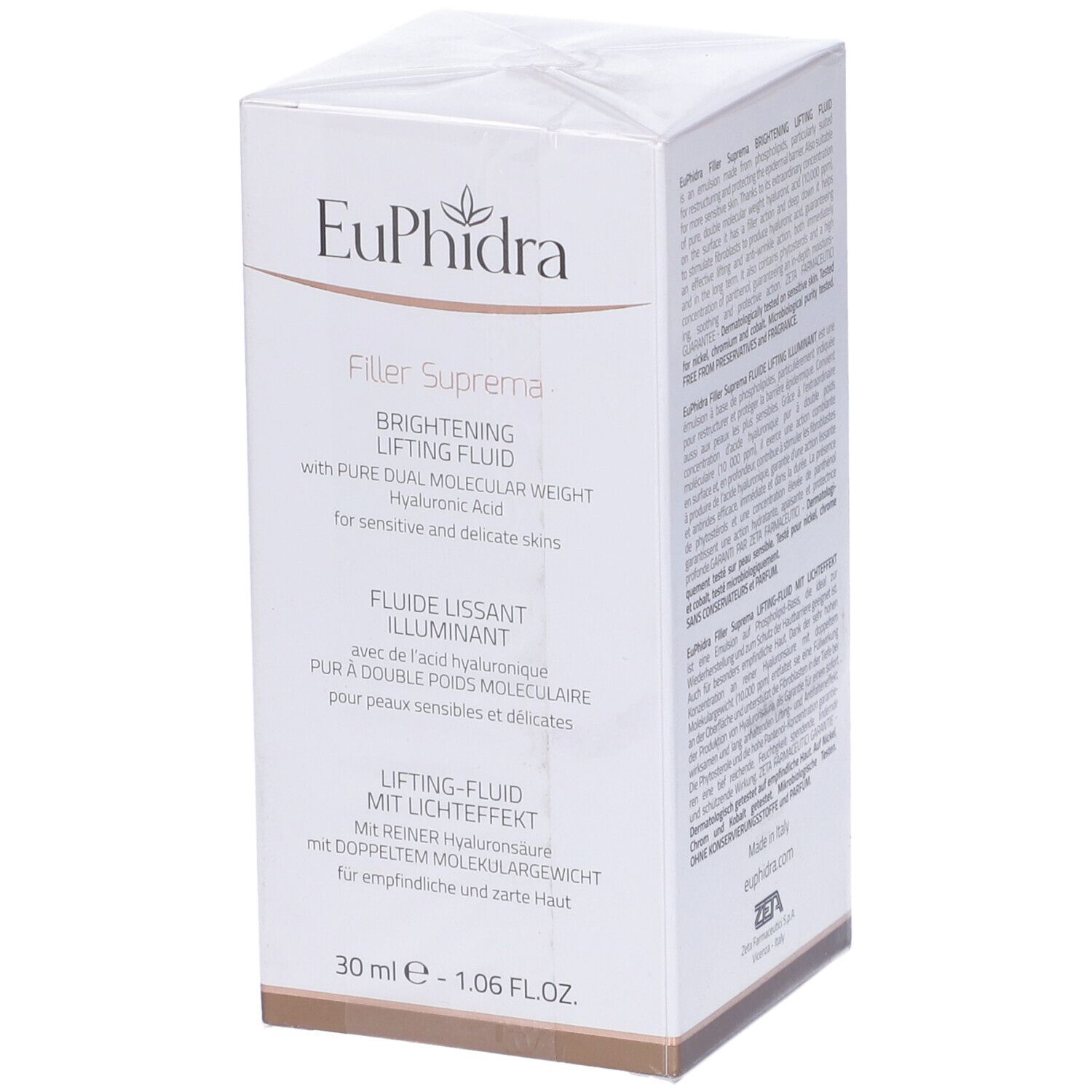 Scatola bianca con testo. Scritta Euphidra, Filler Suprema, Fluido Lifting Illuminante. Testo e logo.