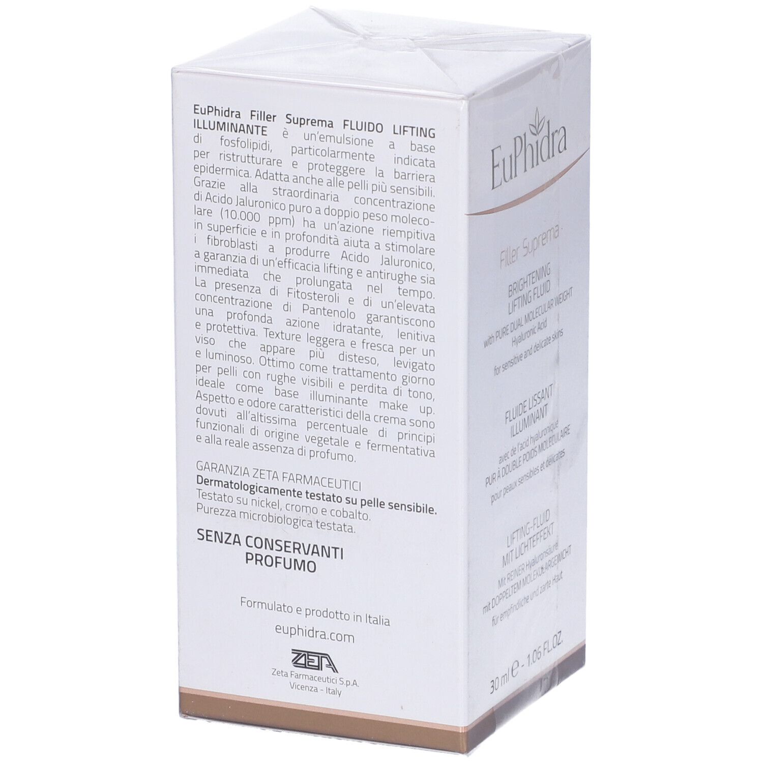 Scatola bianca con testo. Scritta Euphidra, Filler Suprema, Fluido Lifting Illuminante. Testo e logo.