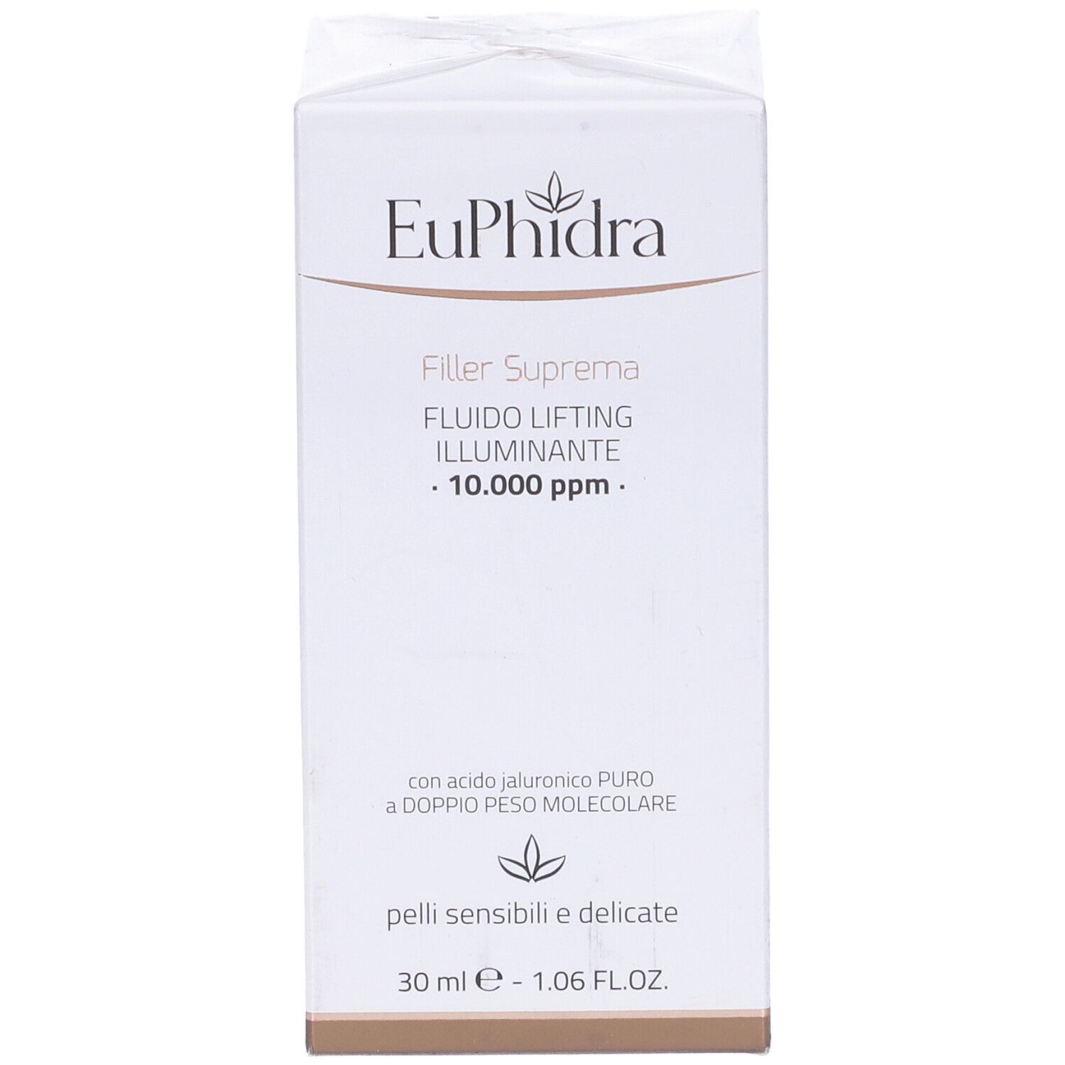 Scatola bianca con scritta Euphidra, Filler Suprema, Fluido Lifting Illuminante. Testo e logo.