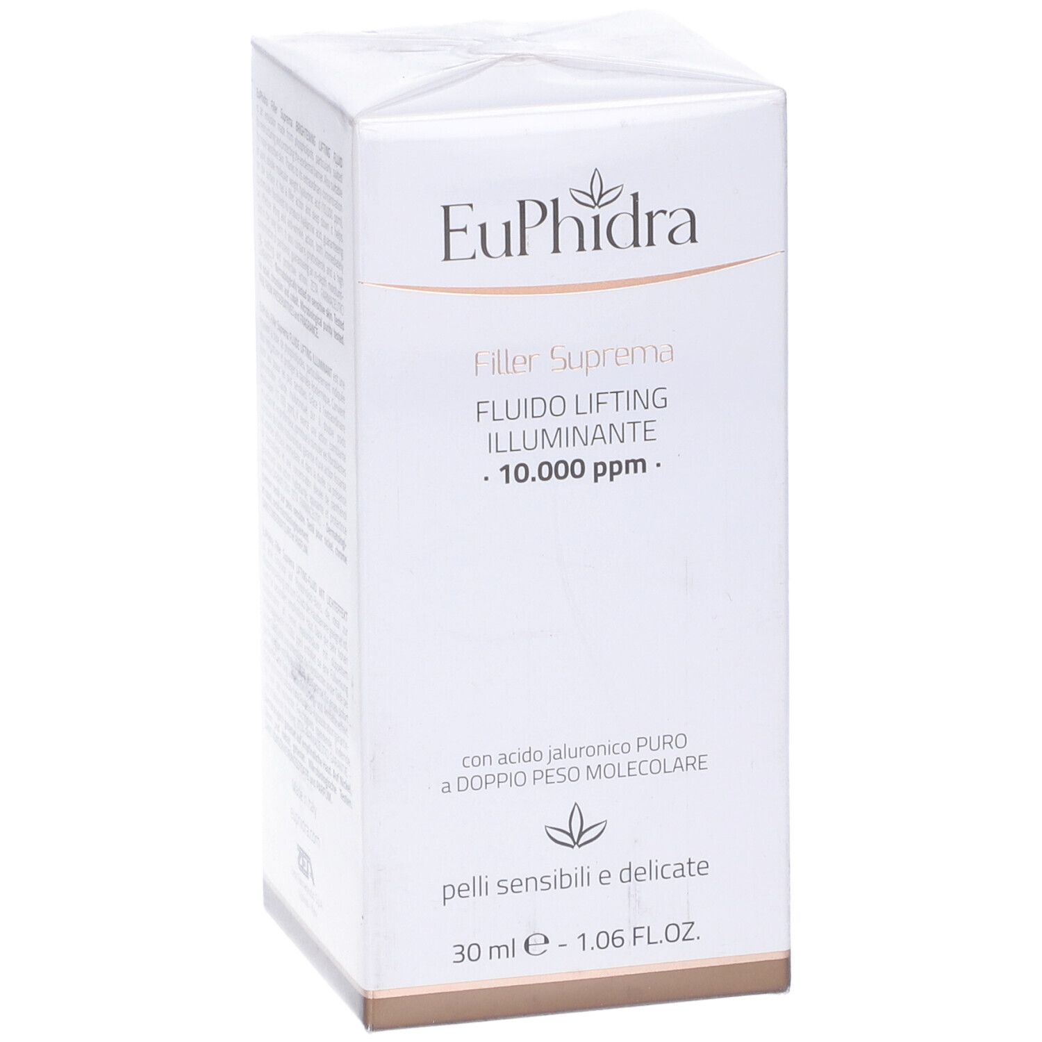 Scatola bianca con scritta Euphidra, Filler Suprema, Fluido Lifting Illuminante. Testo e logo.