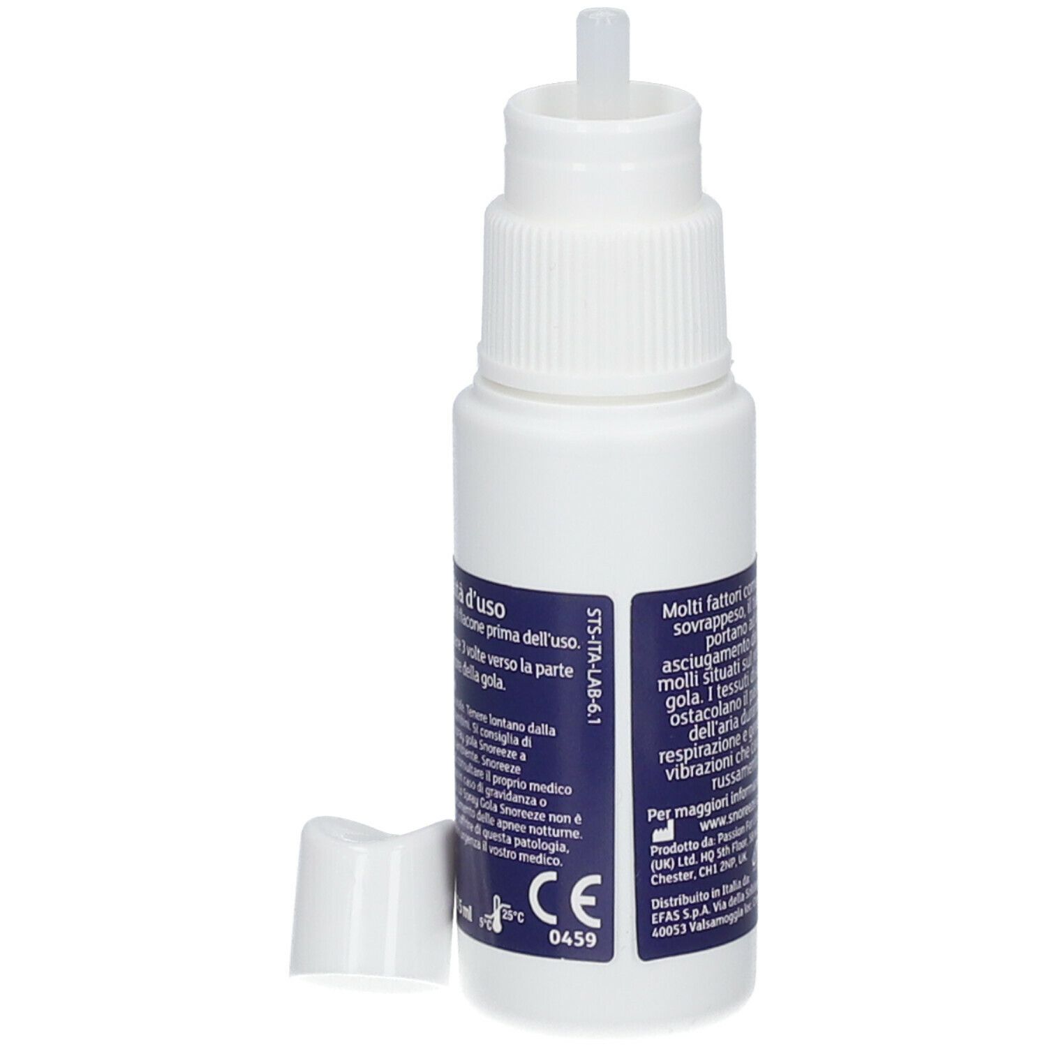 Flacone bianco con nebulizzatore e beccuccio separato. Marchio CE. Testo: "snoreeze Dormibene Spray Gola".