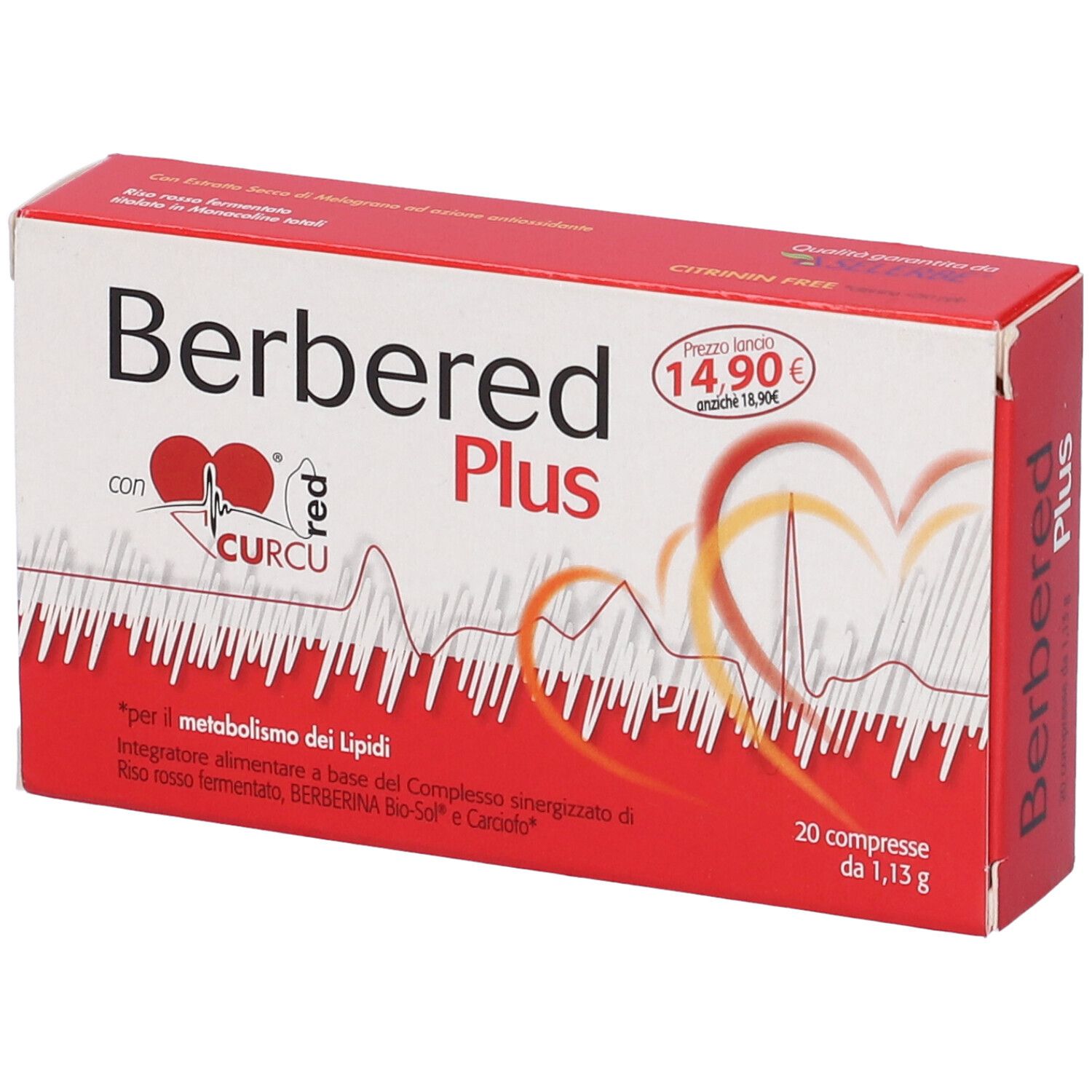 Scatola rossa "Berbered Plus". Contiene 20 compresse. Etichetta prezzo: 14,90 €. Cuore e onde stilizzate.