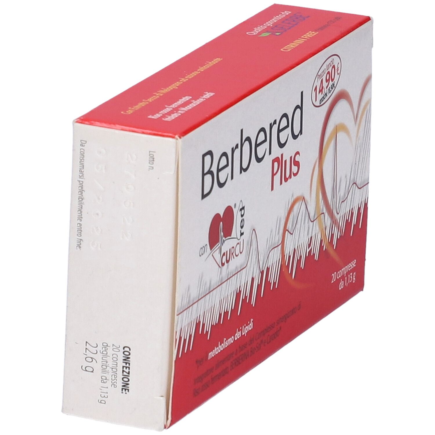 Scatola rossa "Berbered Plus", vista laterale. Contiene 20 compresse. Etichetta prezzo. Testo: "Citrus Free".
