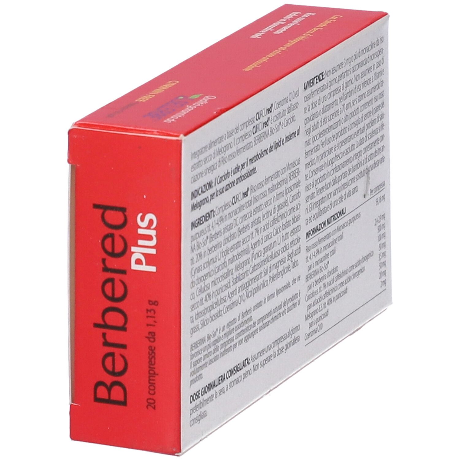 Scatola rossa "Berbered Plus". Contiene 20 compresse. Testo: "20 compresse da 1,13 g".