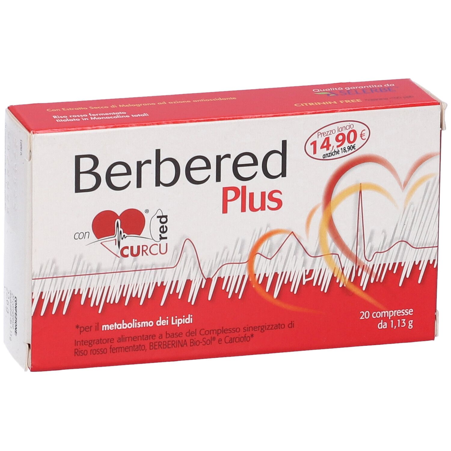 Scatola rossa "Berbered Plus". Contiene 20 compresse. Etichetta prezzo: 14,90 €. Cuore e onde stilizzate.