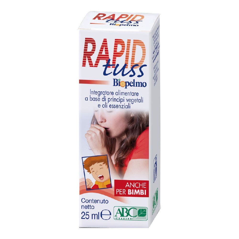 Scatola "RAPID tuss Biopelmo". Immagine di bambino che tossisce. Scritto "Anche per bimbi" e "25 ml". Logo ABC.