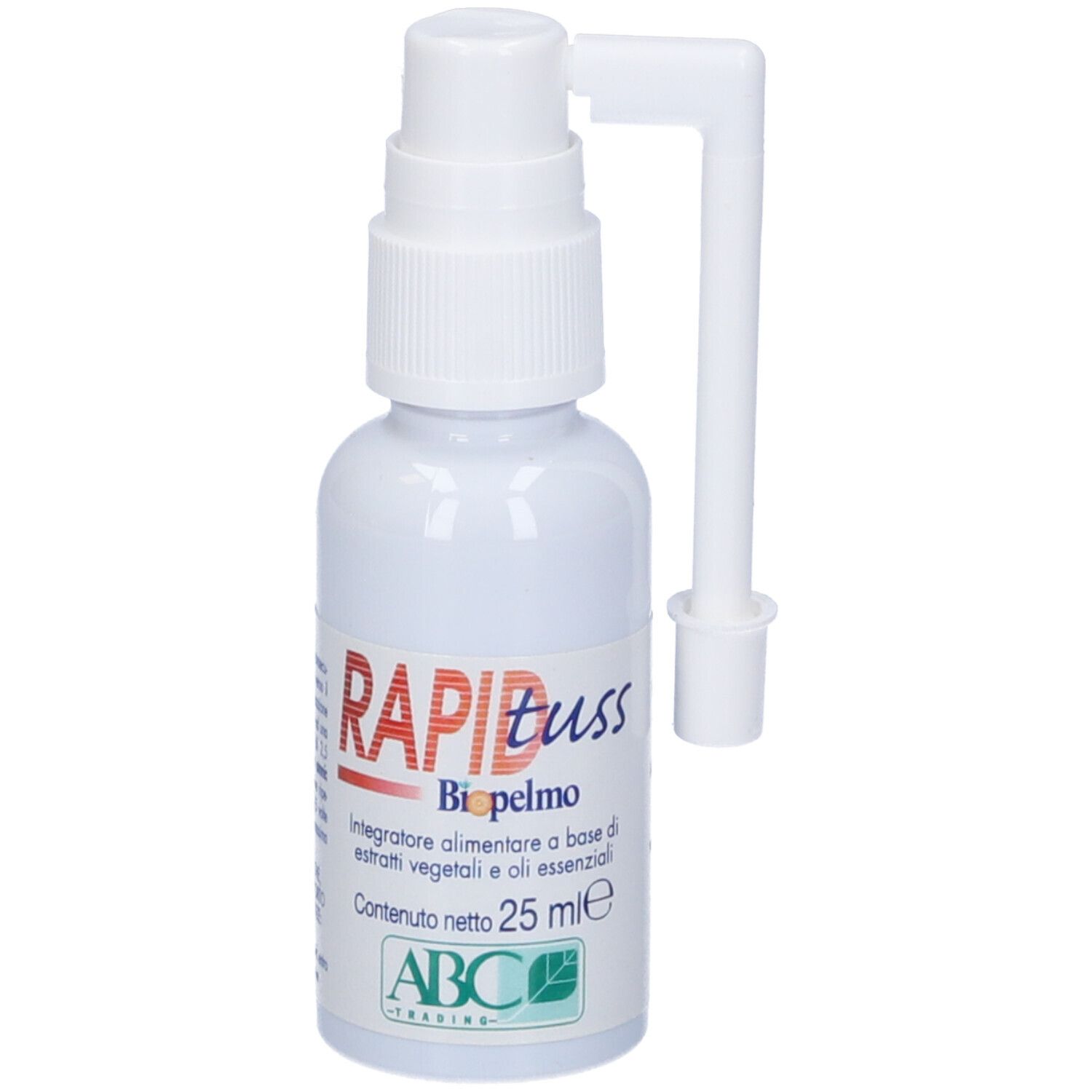 Flacone spray bianco "RAPID tuss Biopelmo". Con erogatore e applicatore curvo. "25 ml" e logo ABC.