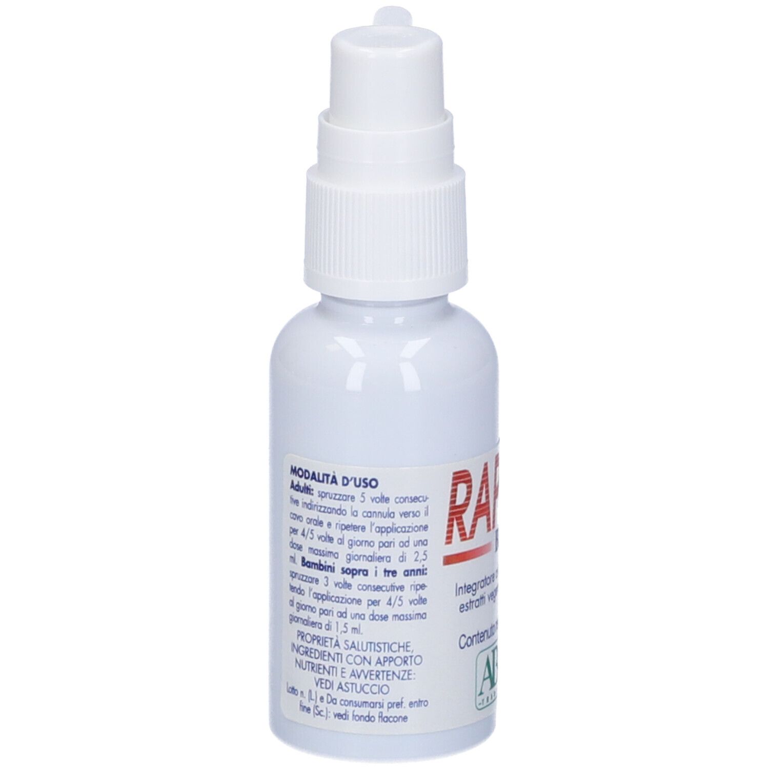 Flacone spray bianco "RAPID tuss Biopelmo". Con erogatore e applicatore curvo. Testo sul retro.