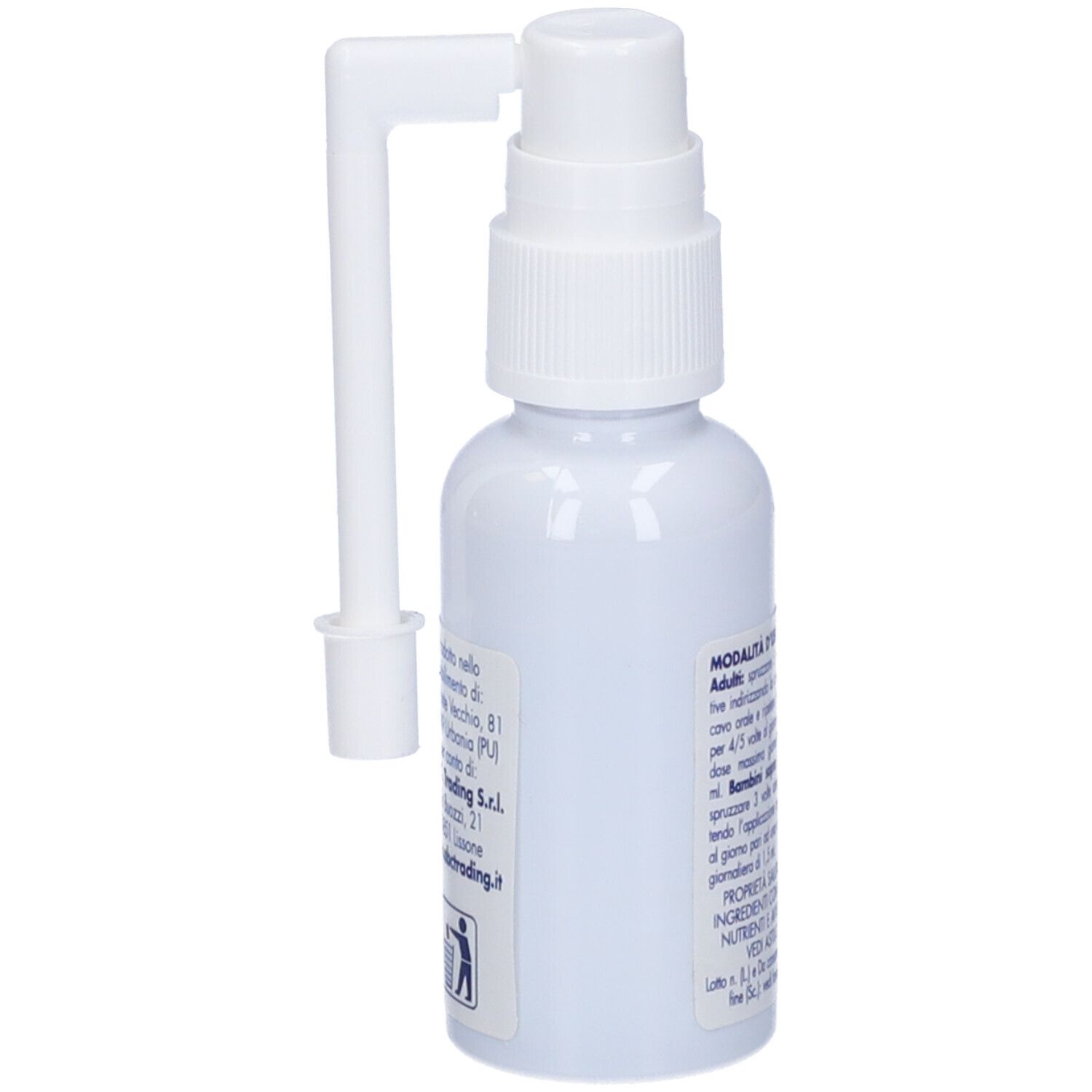 Flacone spray bianco "RAPID tuss Biopelmo". Con erogatore e applicatore curvo. Testo sul retro.