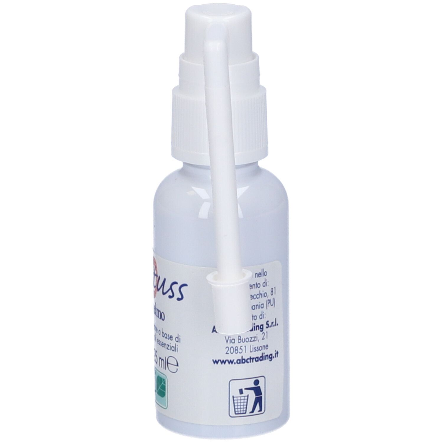 Flacone spray bianco "RAPID tuss Biopelmo". Con erogatore e applicatore curvo. Testo sul retro.