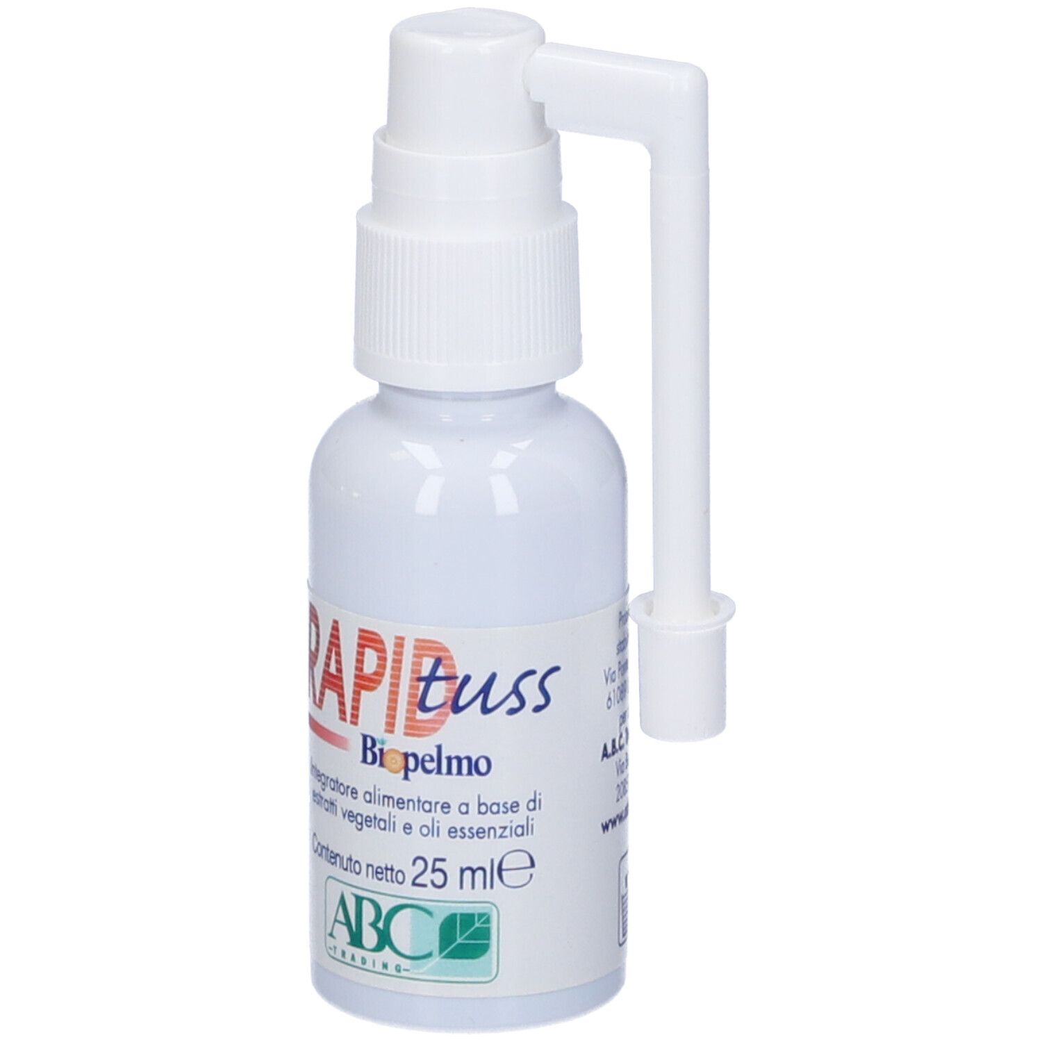 Flacone spray bianco "RAPID tuss Biopelmo". Con erogatore e applicatore curvo. Testo sul retro.
