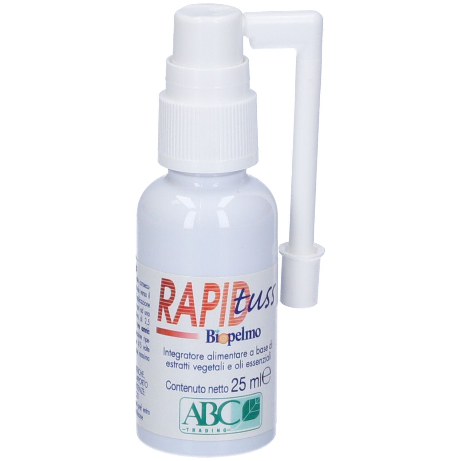 Flacone spray bianco "RAPID tuss Biopelmo". Con erogatore e applicatore curvo. "25 ml" e logo ABC.