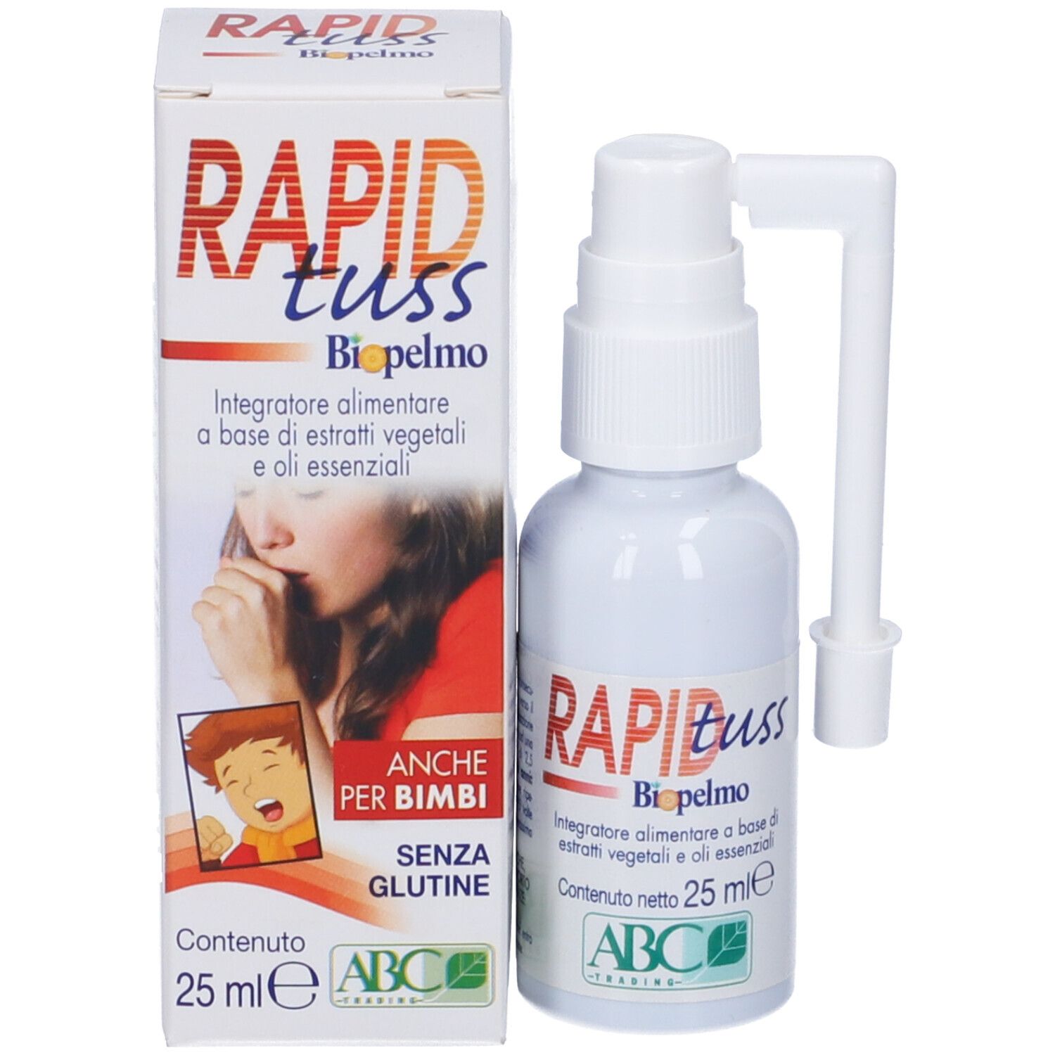 Prodotto e confezione. Flacone spray bianco e scatola "RAPID tuss Biopelmo". "Anche per bimbi" e "Senza glutine".