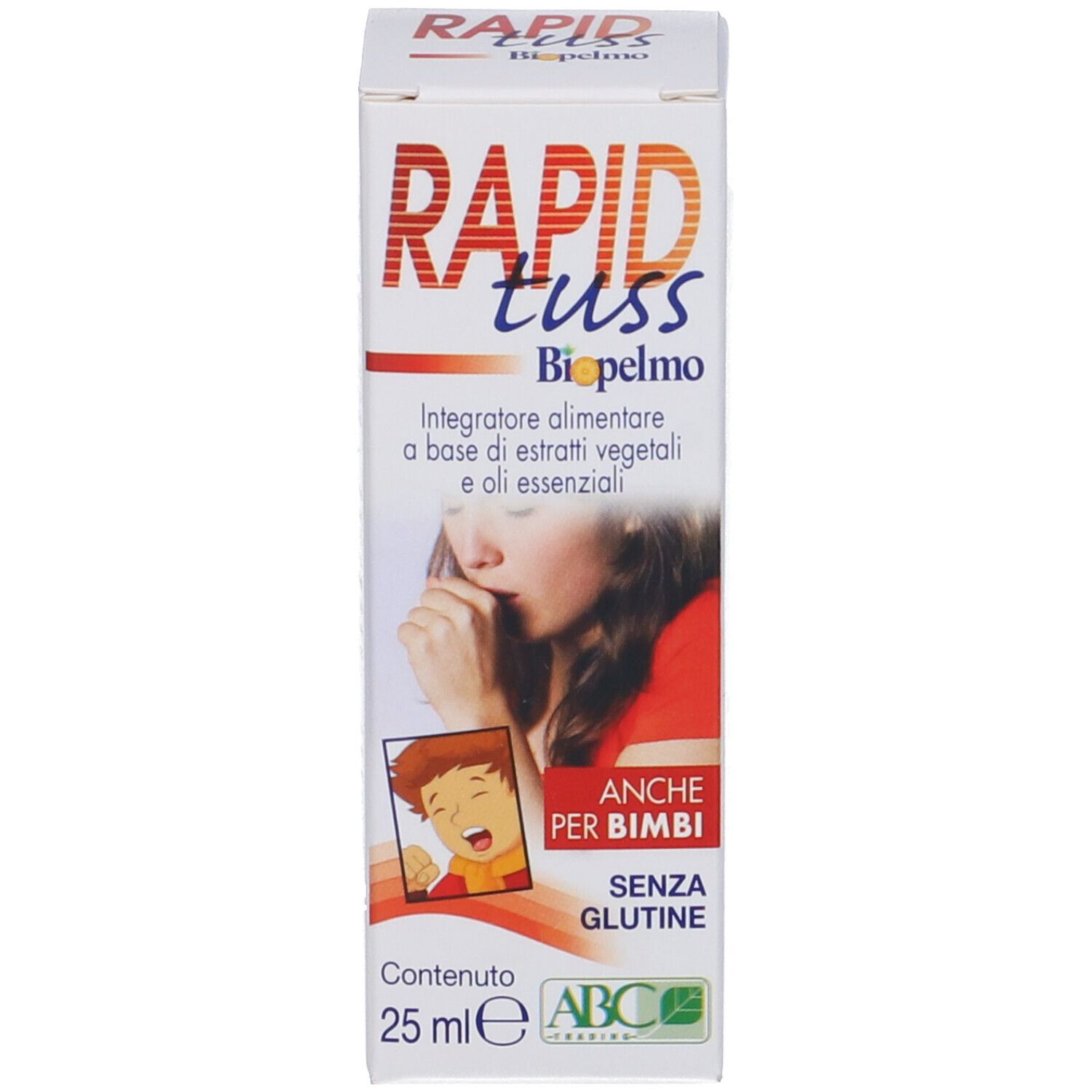 Scatola "RAPID tuss Biopelmo". Immagine di bambino che tossisce. Scritto "Anche per bimbi" e "Senza glutine".