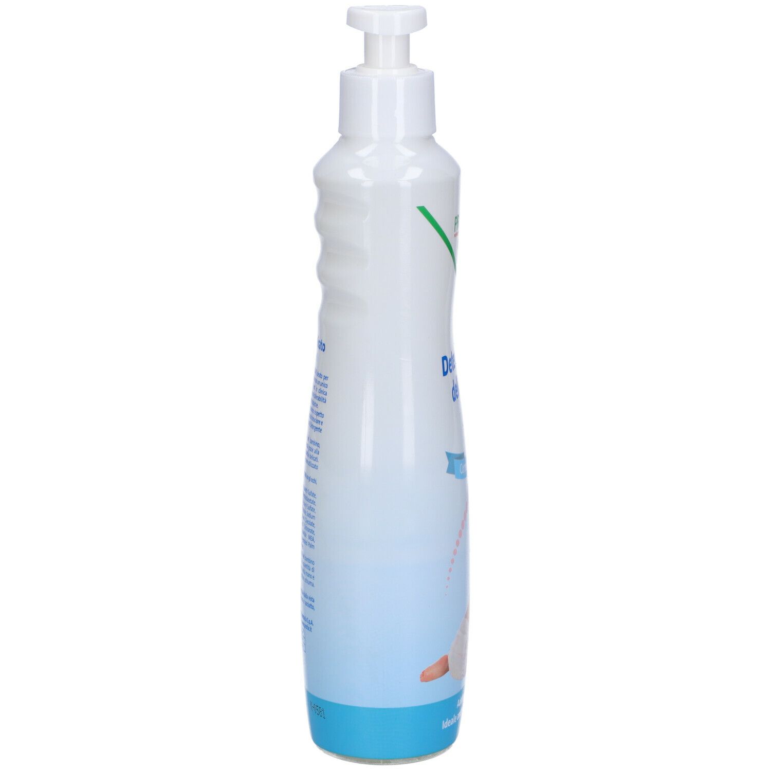 Flacone bianco con dosatore. Scritte e testo sul lato. Forma scanalata.