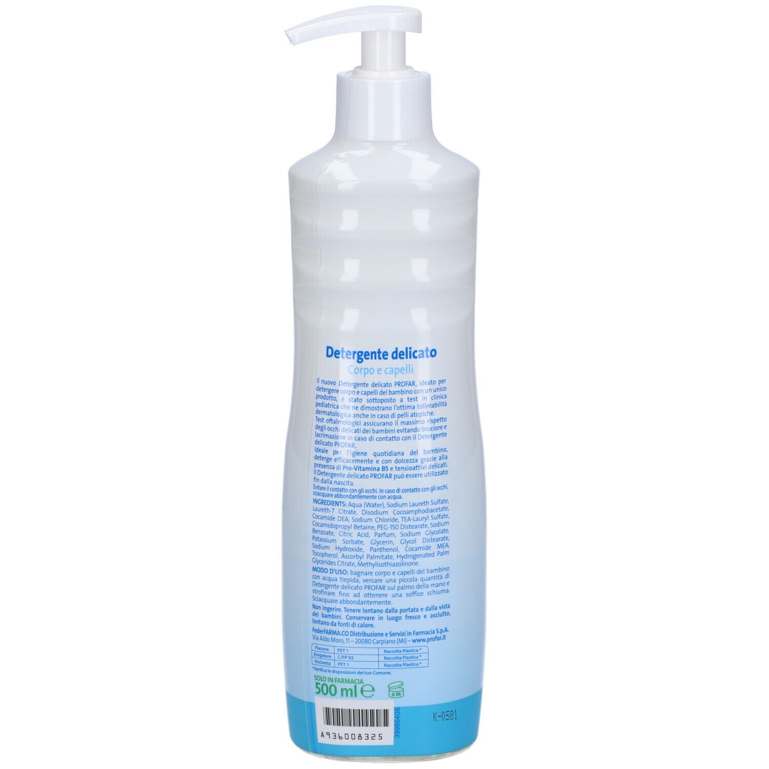 Flacone bianco con dosatore. Retro con testo e informazioni sugli ingredienti. 500 ml.
