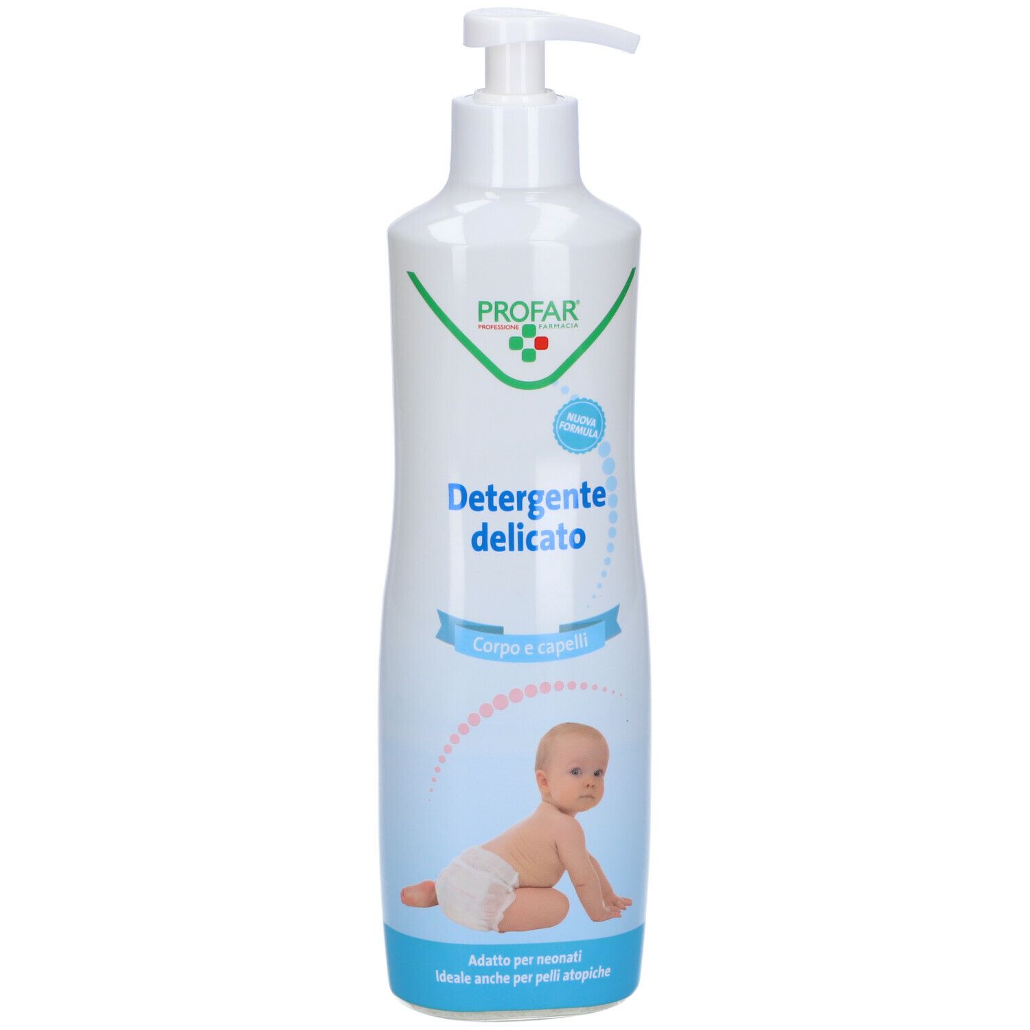 Flacone bianco con dosatore. Scritta: PROFAR, Detergente delicato, Corpo e capelli. Illustrazione di un bambino.