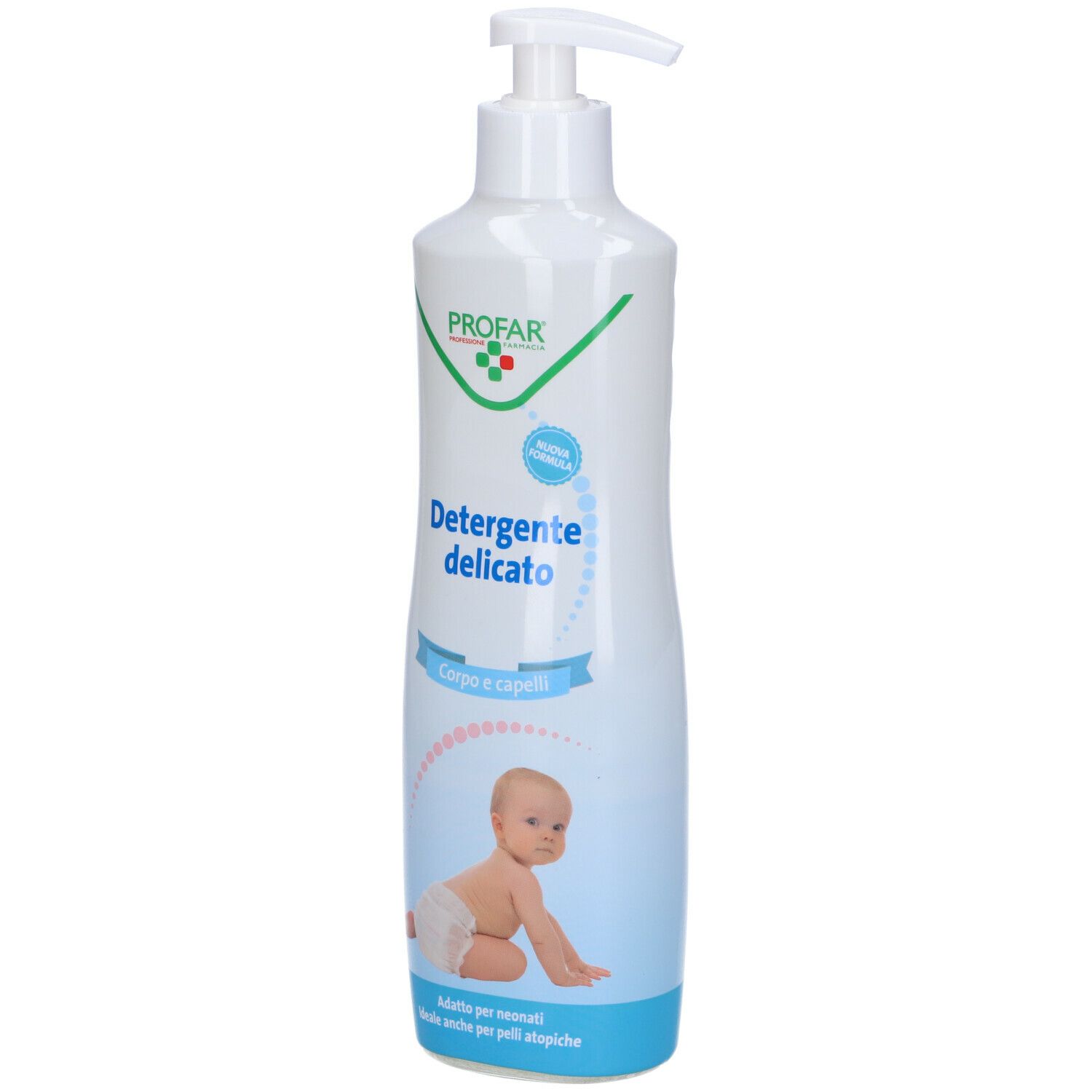 Flacone bianco con dosatore. Scritta: PROFAR, Detergente delicato, Corpo e capelli. Illustrazione di un bambino.