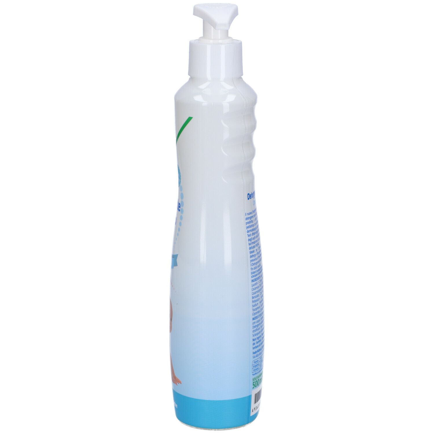 Flacone bianco con dosatore. Testo e scritta sul lato. Forma scanalata.