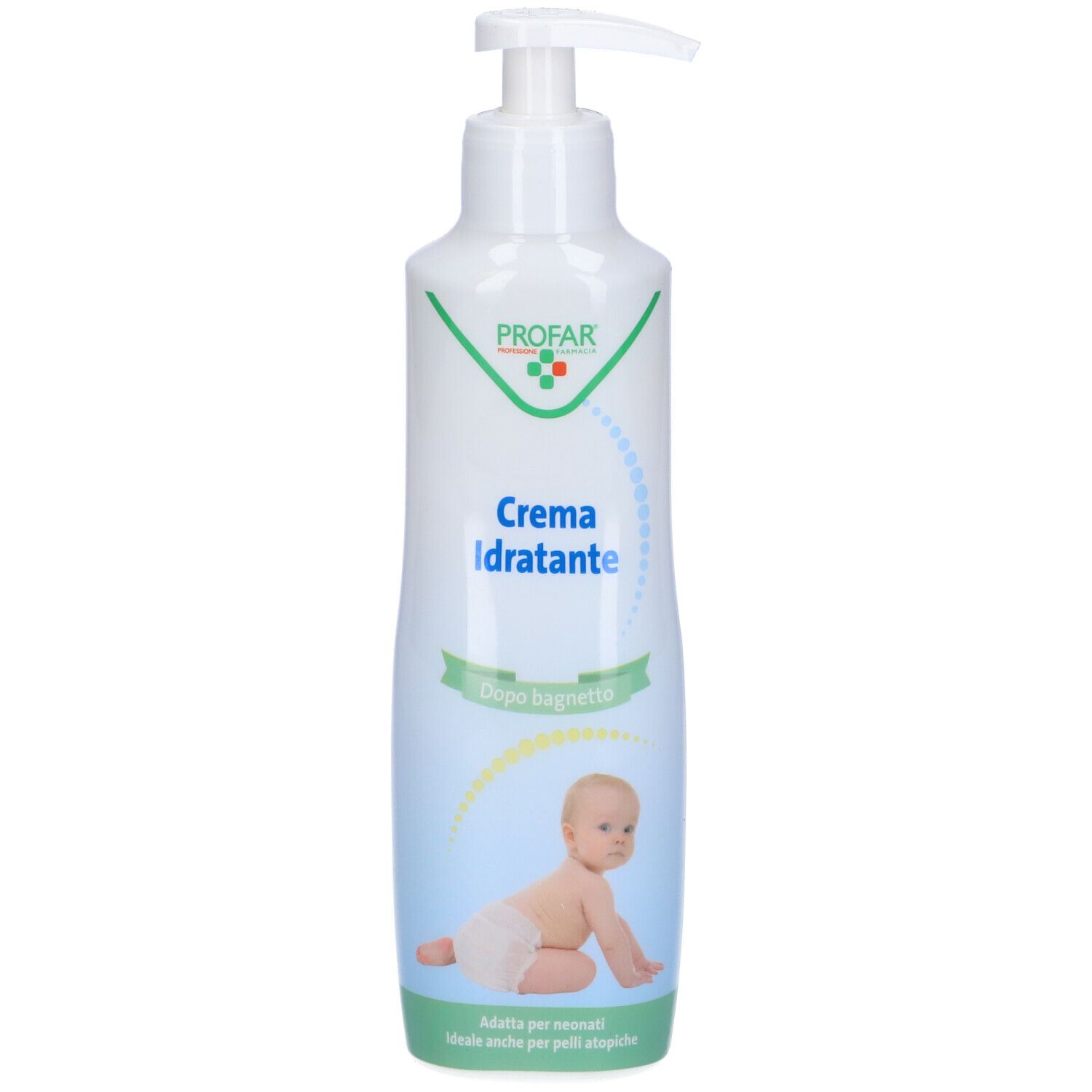 Flacone bianco con dosatore. Scritta: PROFAR, Crema Idratante, Dopo bagnetto. Immagine di un bambino.