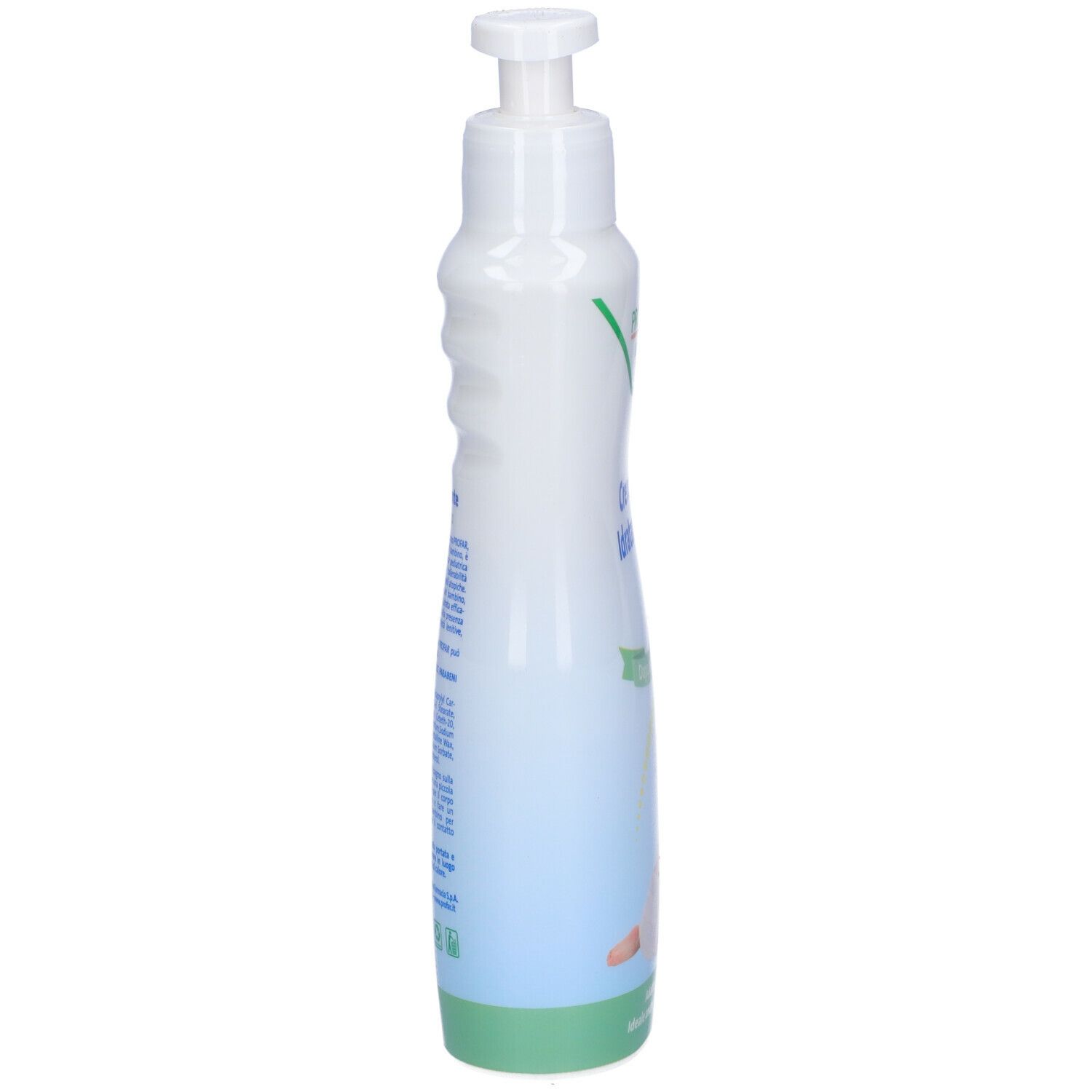 Flacone bianco con dosatore. Scritta illeggibile. Lato del flacone con scanalature.