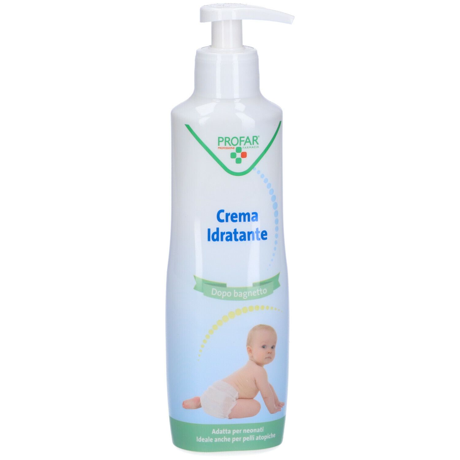 Flacone bianco con dosatore. Scritta: PROFAR, Crema Idratante, Dopo bagnetto. Immagine di un bambino.