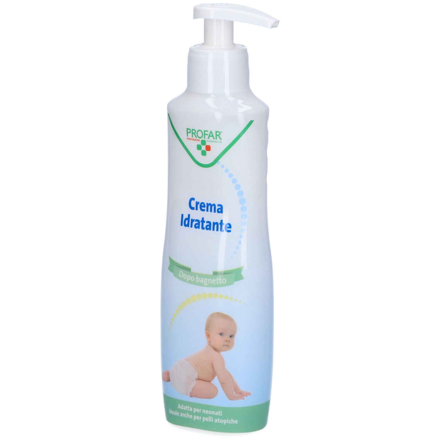 Flacone bianco con dosatore. Scritta: PROFAR, Crema Idratante, Dopo bagnetto. Immagine di un bambino.