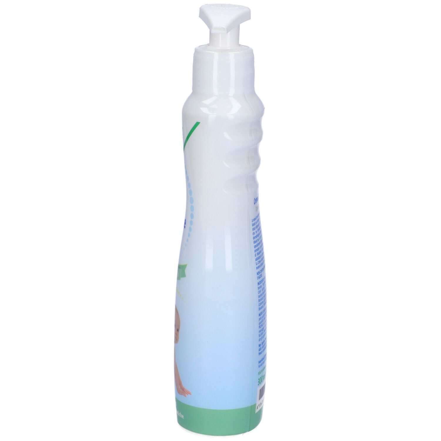 Flacone bianco con dosatore. Scritta illeggibile. Lato del flacone con scanalature.