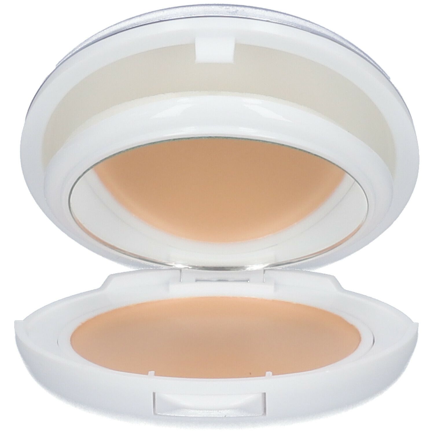 Weißer Kompakt-Make-up-Behälter, geöffnet. Enthält Creme. Deckel transparent.