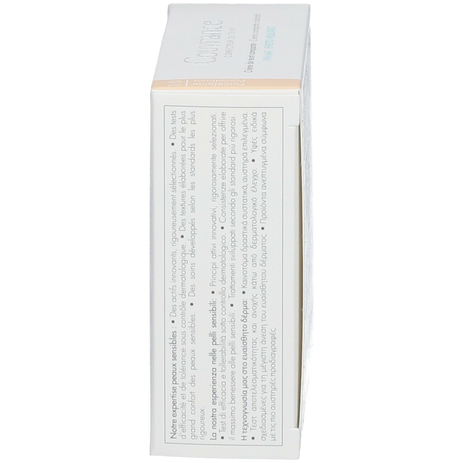 Seitenansicht der weißen Verpackung. Text und Informationen aufgedruckt.