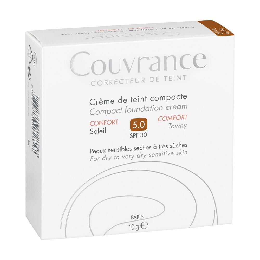 Kompakt-Make-up-Creme in weißer Verpackung. Produktname und Farbton 5.0. Sonnenschutzfaktor 30. Für trockene, empfindliche Haut.