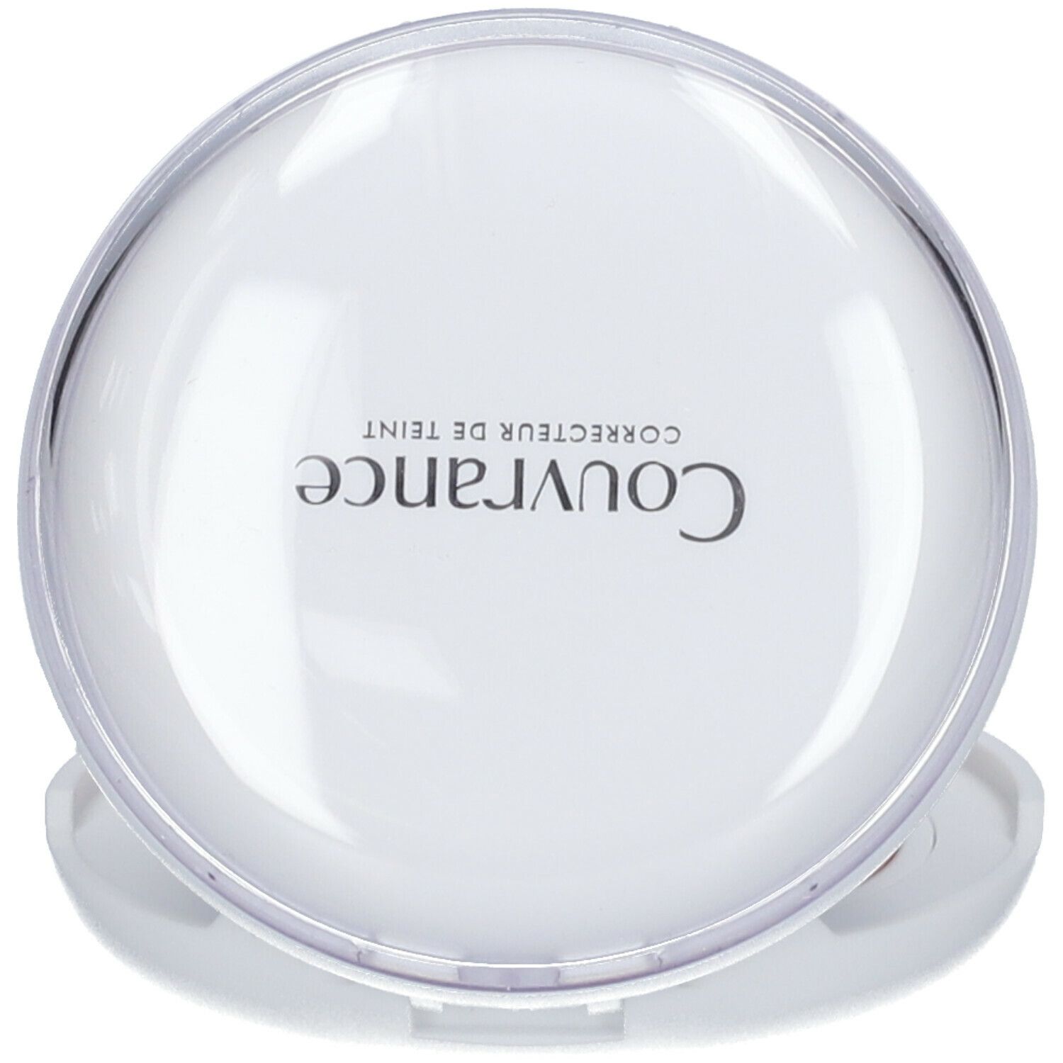 Geschlossener, weißer Make-up-Behälter. Produktname auf dem Deckel. Transparenter Deckel.